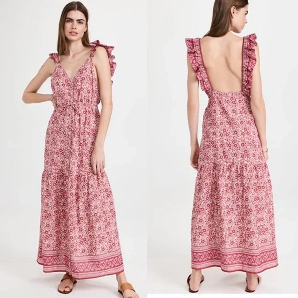 Faherty Pink Floral Ruffle-Shoulder Maxi Dress